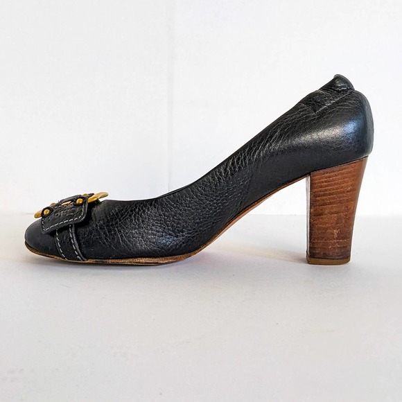 Chloe Black Heels with Gold Buckle and Wooden Heel - Picture 8 of 15